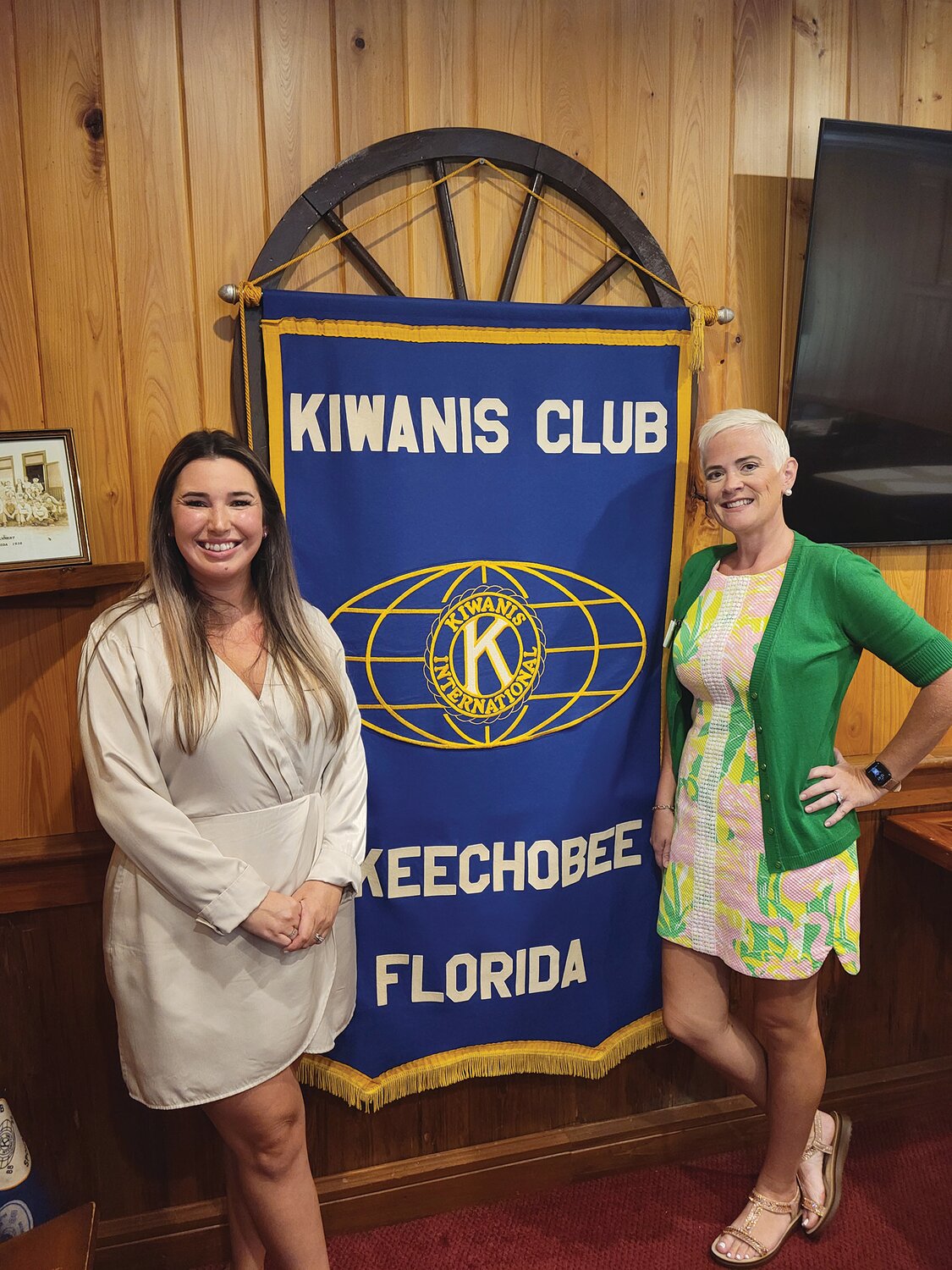OKEECHOBEE -– Guest speaker Alaina Barron spoke to the Kiwanis Club about past, current and future projects of the Okeechobee Education Foundation. Left to right: Alaina Barron and Courtney Moyett.